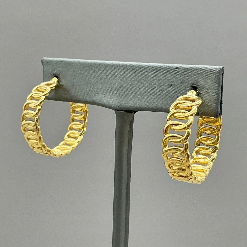 Hoop Earrings Women Gold Tone Chain Link Textured Post Back 1.25 Inch